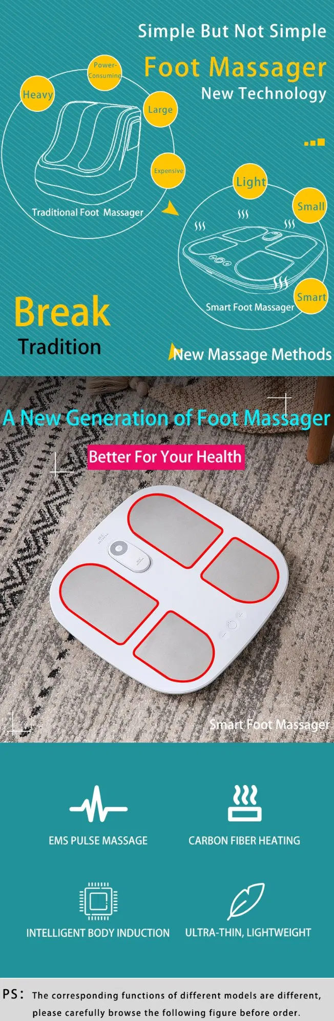Hezheng New Design EMS Pulse Deep Shiatsu Kneading Machine Electric Foot Massager with Heating Function